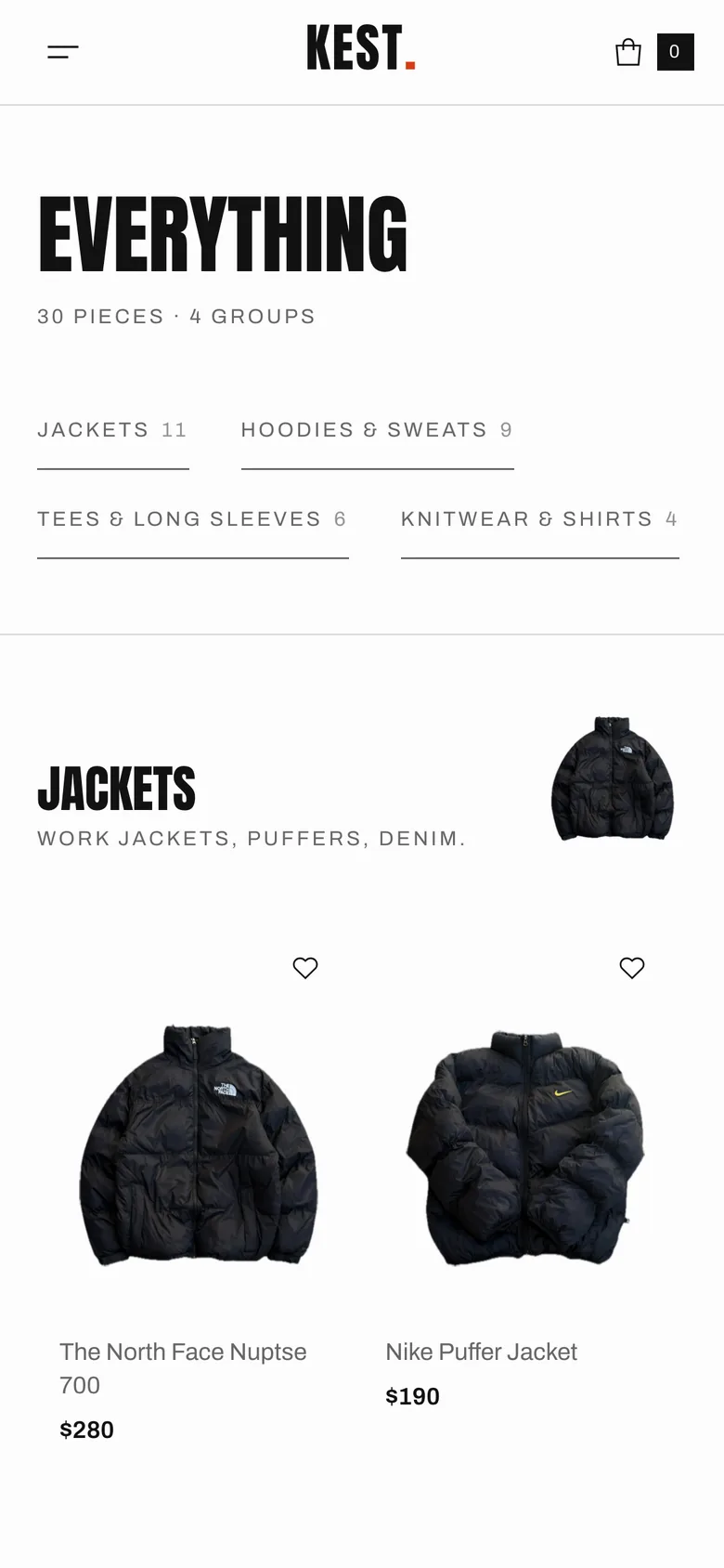 Kest store concept shop page on mobile