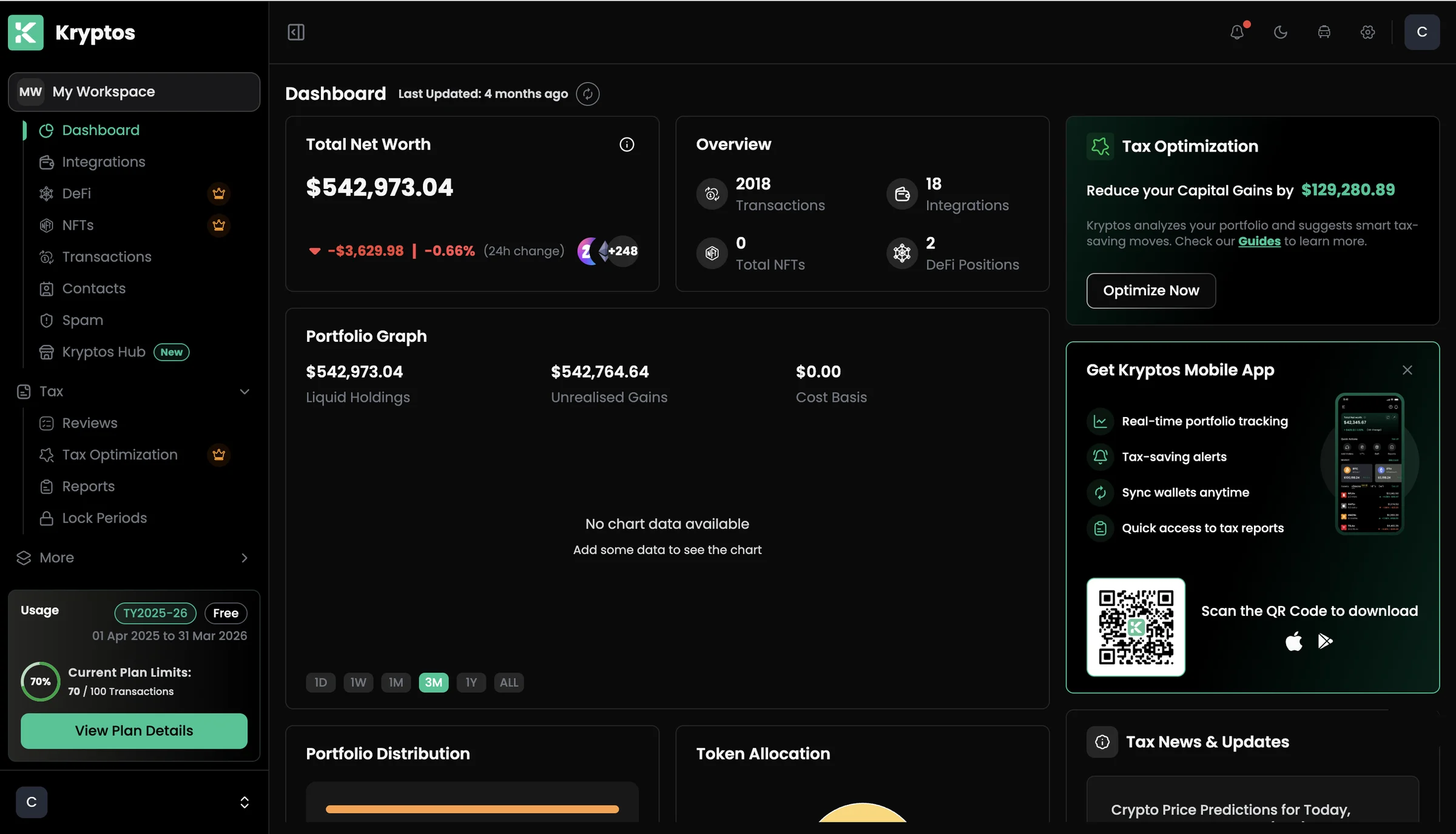 Kryptos dashboard on desktop