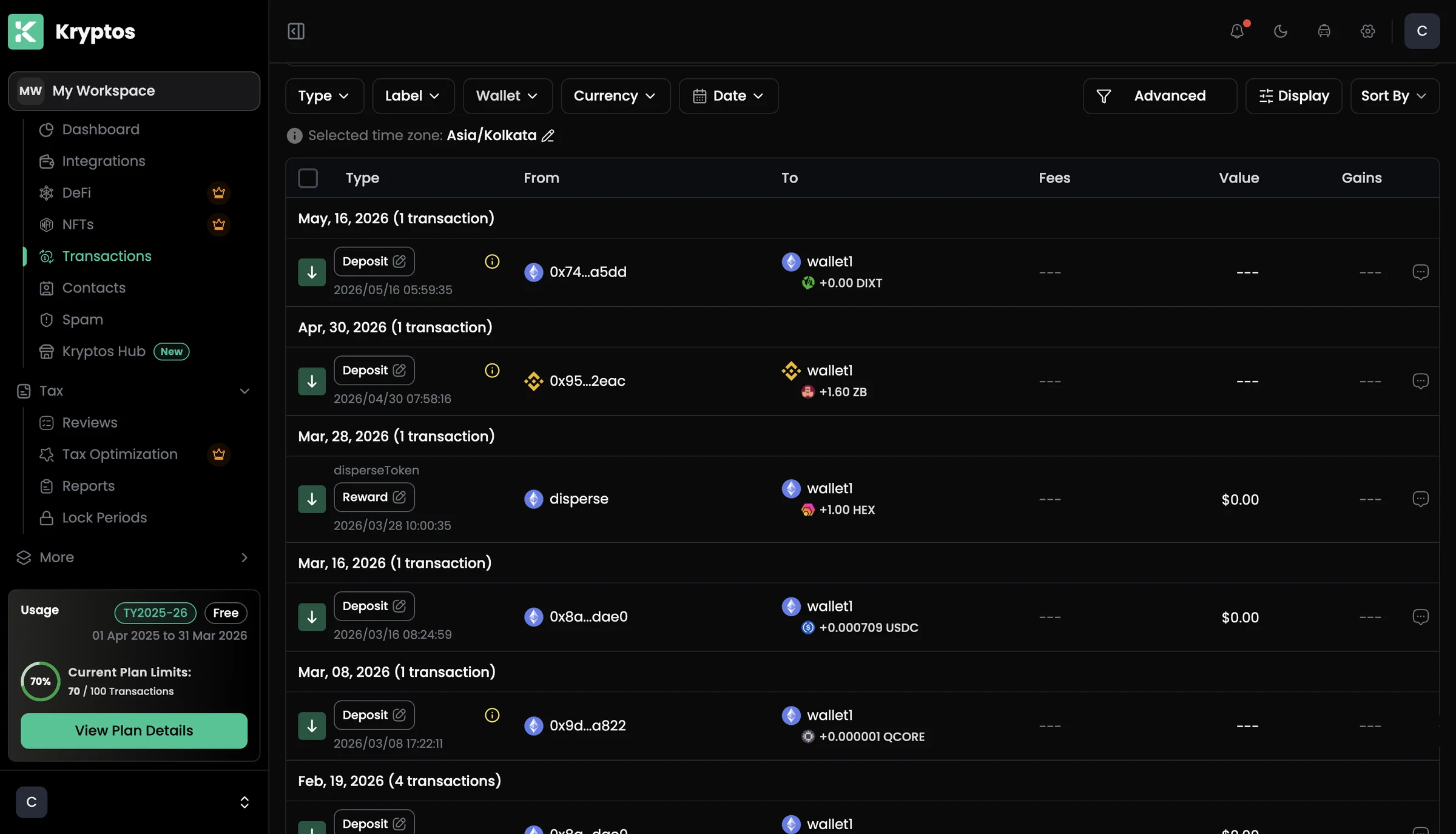 Kryptos transactions table on desktop