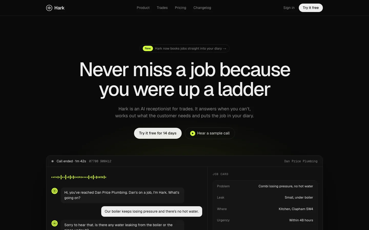 Hark, ai saas landing page concept