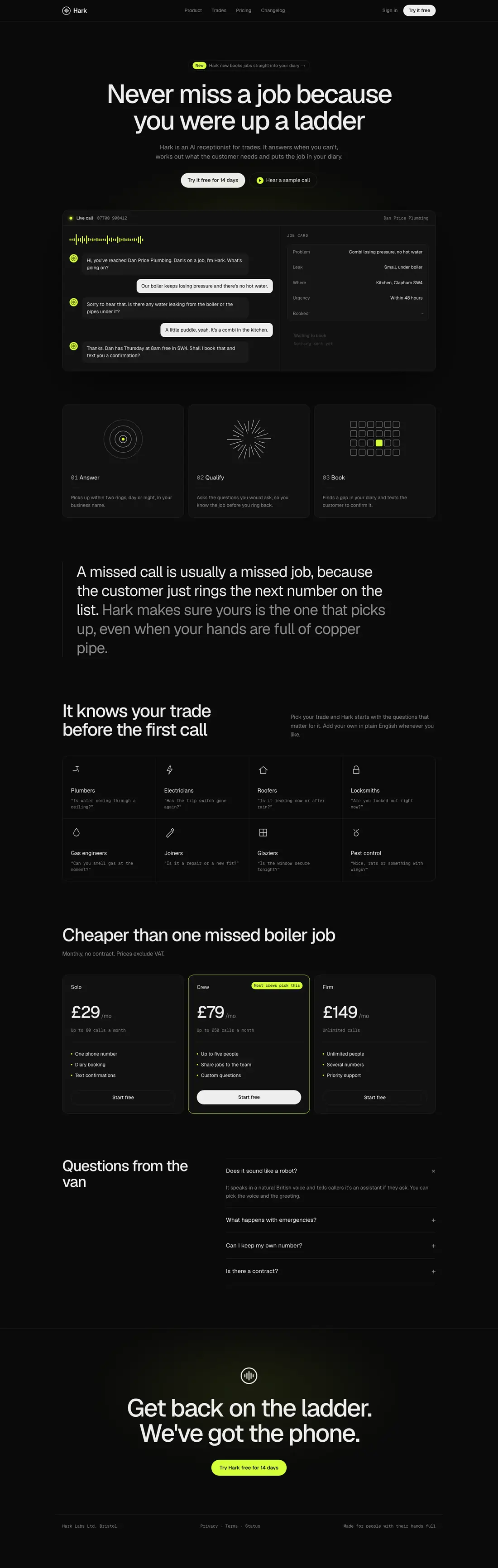 Hark landing page concept, full page