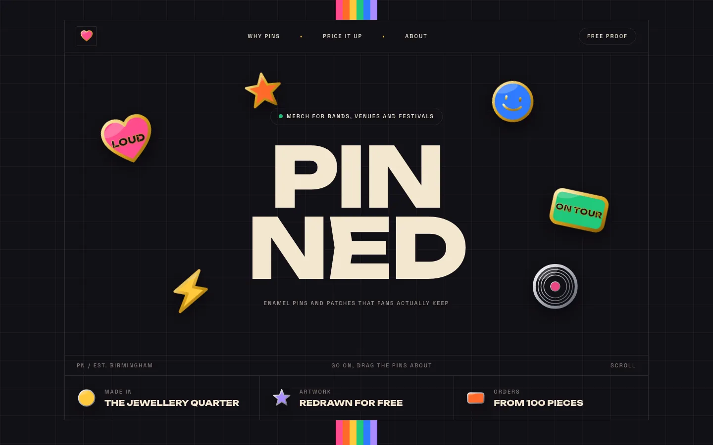 Pinned, merch store landing page concept