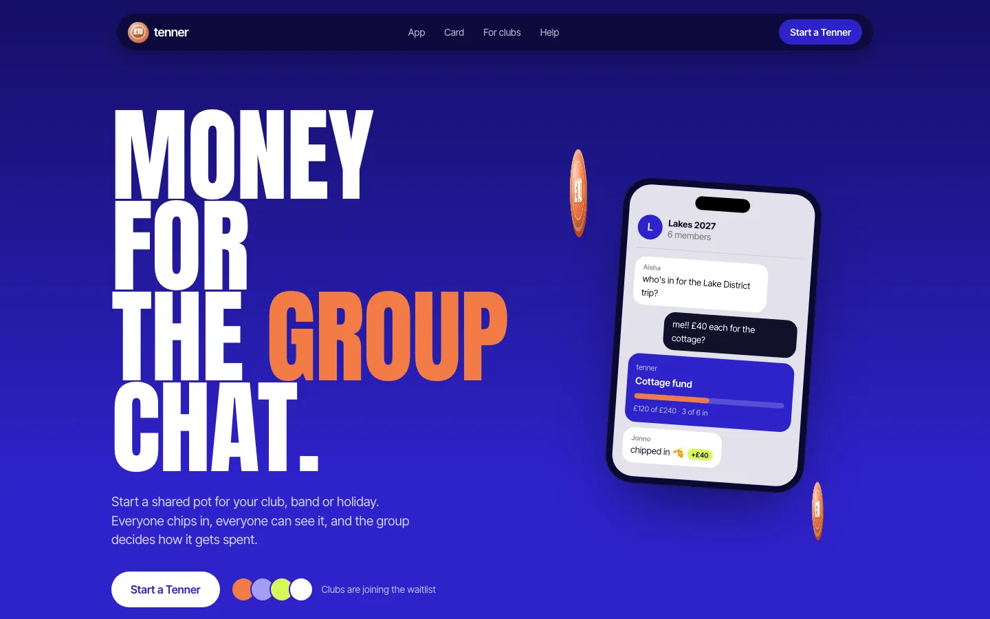 Tenner, community money app landing page concept