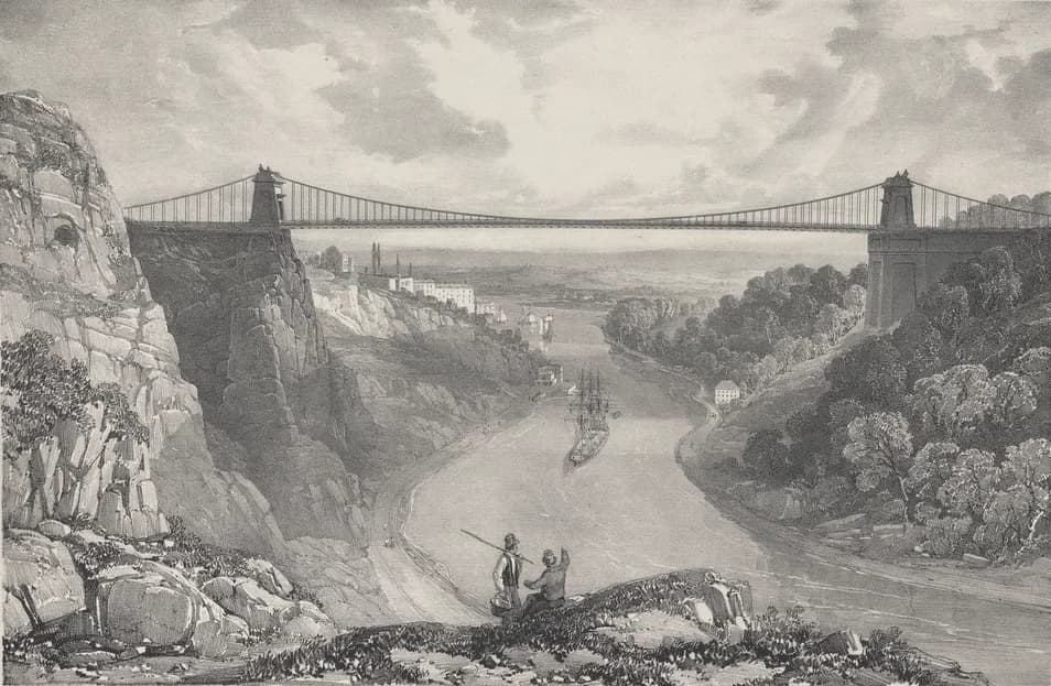 A nineteenth century lithograph of the Clifton Suspension Bridge over the Avon Gorge