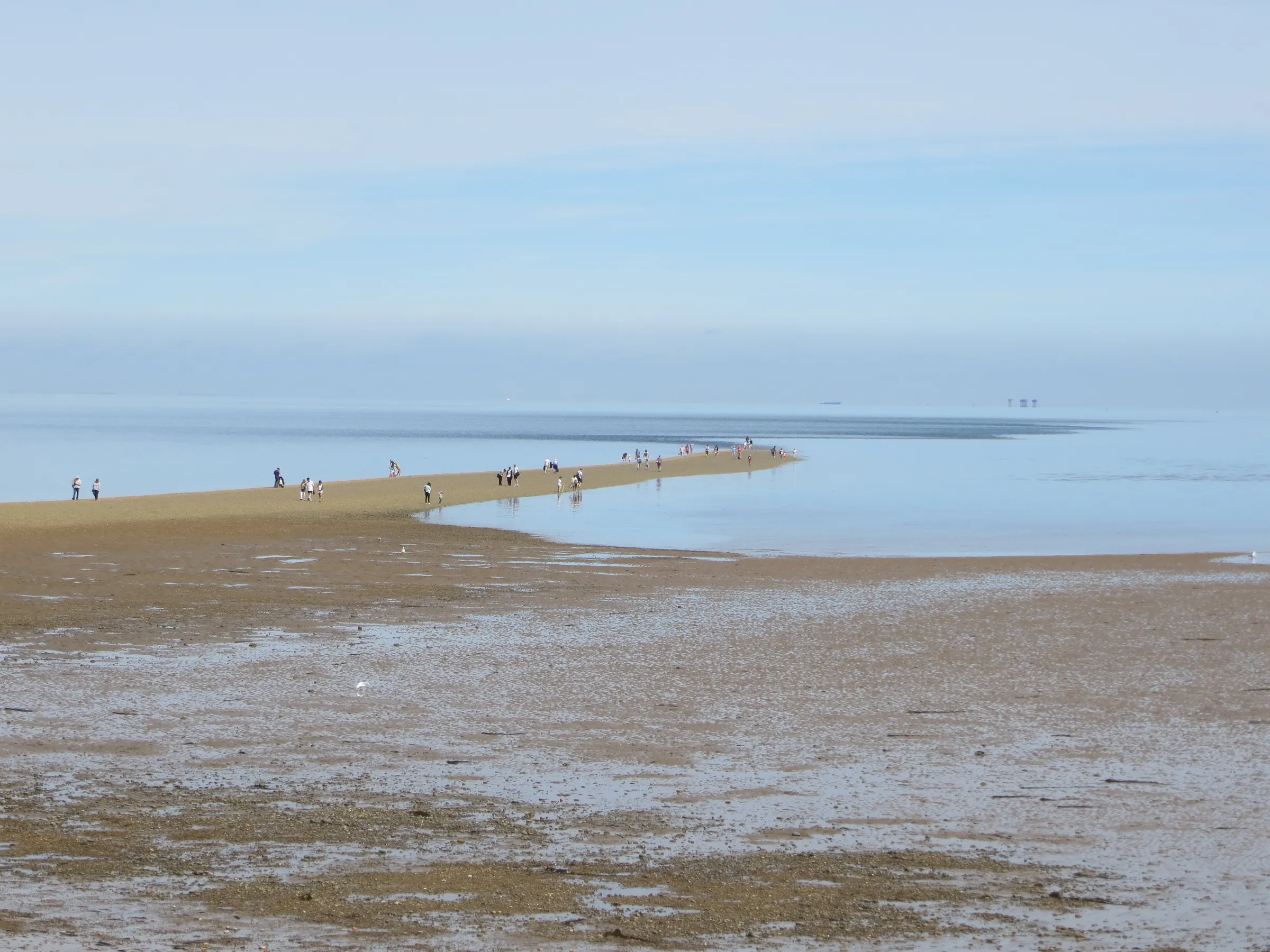 The Street, a shingle bank that runs out to sea from Whitstable at low tide, with people walking along it